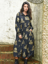 Black and gold Loom With A View dress featuring a flowing silhouette and elegant design, perfect for formal occasions.