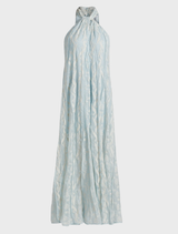 Aqua Luana Dress displayed on a mannequin, featuring a flowing design and elegant silhouette.