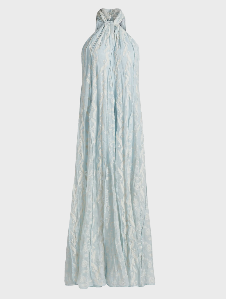 Aqua Luana Dress displayed on a mannequin, featuring a flowing design and elegant silhouette.