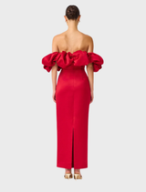 Off-shoulder red column gown from Lucetta, combining elegance with contemporary fashion.