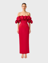 Red off-shoulder column gown by Lucetta, featuring a sleek silhouette and elegant design.