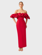 Lucetta's striking red gown with off-shoulder detail, offering a refined and stylish look.