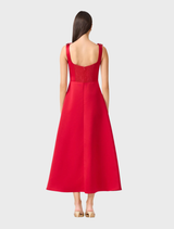 Stylish red midi dress with a square neckline and flared skirt from Lucetta, displayed to showcase its fashionable design.