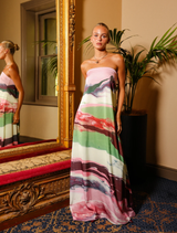 Lucie Dress in Retro Resin features a strapless A-line silhouette with an abstract print, perfect for summer and evening events.