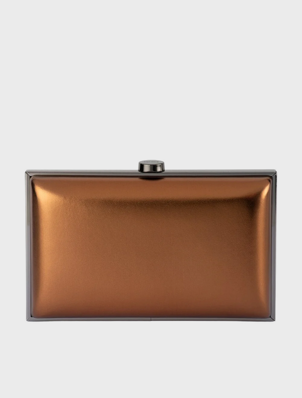 Shiny metallic clutch bag made from reflective metal, showcasing a sleek and modern design.