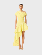 Yellow one-shoulder gown featuring ruffle detailing, elegantly draping for a sophisticated look.