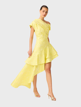 Yellow gown with a single shoulder and ruffle embellishments, ideal for special events and celebrations.
