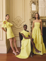 Elegant yellow gown with one shoulder design and ruffle accents, perfect for formal occasions.