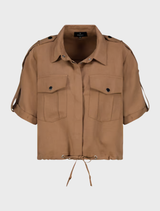 Tan cropped shirt jacket with buttons and pockets, made of Lyocell, featuring a stylish collar.