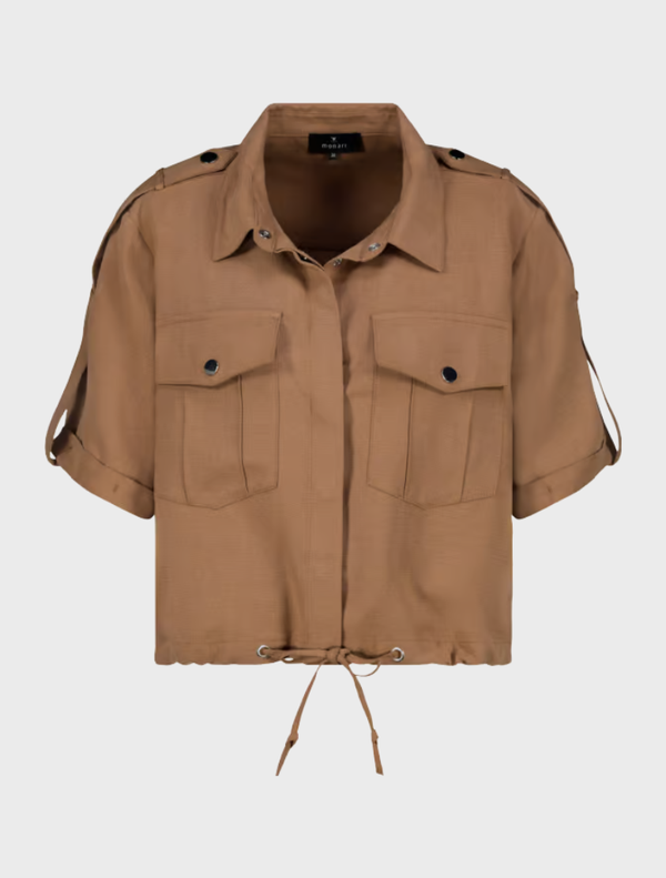 Tan cropped shirt jacket with buttons and pockets, made of Lyocell, featuring a stylish collar.