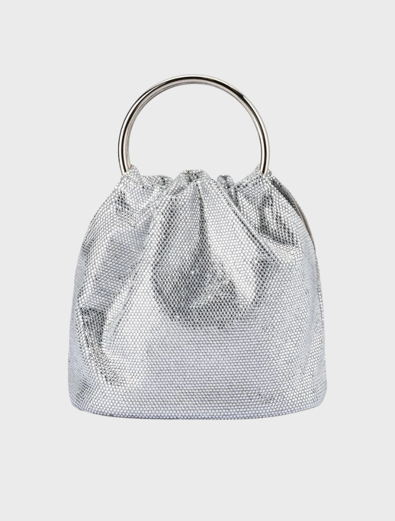 A silver purse featuring a sleek metal handle, elegantly designed for style and functionality.