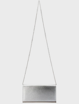 A silver foldover wallet with a metal clasp, designed with an embossed finish, named Maddie Metallic Embossed.
