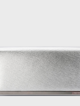 Silver wallet with a metal clasp, featuring a foldover design and embossed texture labeled Maddie Metallic Embossed.