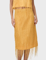 Statement Harvest Gold fringe midi skirt, showcasing texture and movement, ideal for special occasions or as a standalone piece.