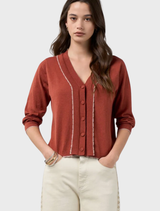 Cotton-cashmere blend cardigan in sandalwood with lurex tipping, offering a soft feel and subtle metallic shimmer.