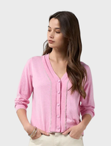 Cotton-cashmere blend cardigan in sandalwood with lurex tipping, offering a soft feel and subtle metallic shimmer.