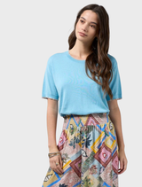 Tiffany Blue cardigan made from cotton-cashmere blend, featuring lurex tipping for a touch of metallic elegance.