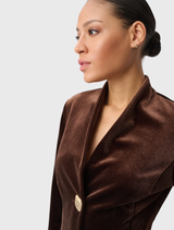 Elegant mahogany fitted blazer made of bonded velvet, showcasing long sleeves, a stand collar, and two-button front; unlined.
