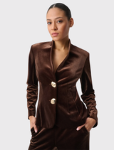 Fitted mahogany blazer in bonded velvet, featuring long sleeves, a stand collar, and a two-button front; unlined.
