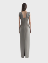 Sophisticated smoke Malia gown, characterized by its elegant lines and luxurious fabric, ideal for special events.