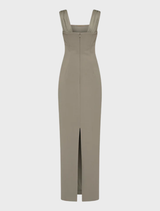 Sophisticated smoke Malia gown, characterized by its elegant lines and luxurious fabric, ideal for special events.