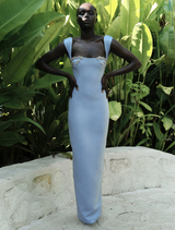 Malia gown in a rich blue hue, showcasing a graceful design ideal for evening events and special celebrations.