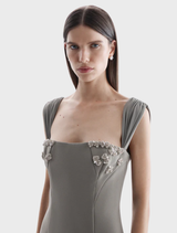 Smoke-colored Malia gown showcasing a graceful design, perfect for formal occasions and evening events.
