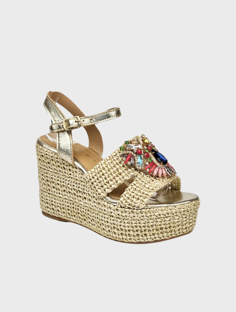 Elegant gold wedge sandals for women, showcasing a beautiful floral design.