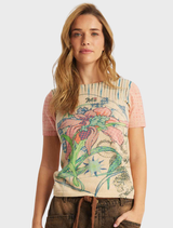 Lightweight cropped T-shirt with an oversized flower, hidden tiger among leaves, and dotted pink striped sleeves.
