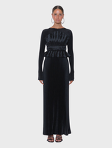 Exquisite black gown with a corseted bodice, long sleeves, and high neckline, designed for a modest yet elegant appearance.