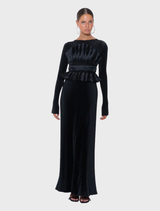 Elegant black gown with long sleeves, high neckline, and pleated corseted bodice for a flattering silhouette.