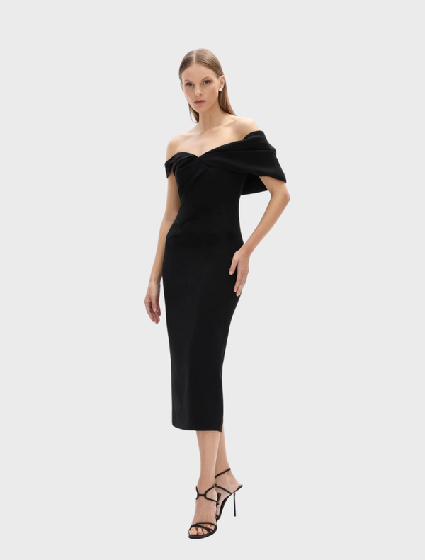 Elegant black Mattie dress with a fitted silhouette and short sleeves, perfect for formal occasions or evening wear.