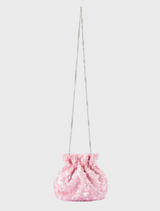 Elegant pink sequin pouch by Mattie, featuring a chic chain strap for a fashionable accessory.