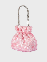 Mattie Sequin Pouch in pink, adorned with a chain strap, ideal for a trendy and stylish look.