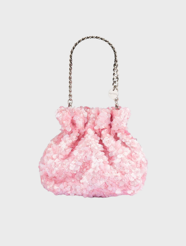 Pink Mattie Sequin Pouch with a stylish chain strap, perfect for adding a touch of glamour to any outfit.