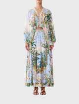 A flowing maxi circle skirt in lilac hues, inspired by Hofburg Palace frescoes, featuring crystal embellishments and side pockets.