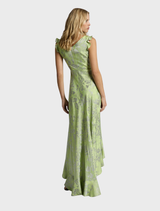 Silver-lime Lolita maxi dress with a flowing silhouette, highlighting its vibrant color and intricate design elements.