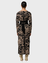 Floral knit dress in merino wool blend, featuring a vibrant Flora Deco pattern, ideal for casual or semi-formal occasions.