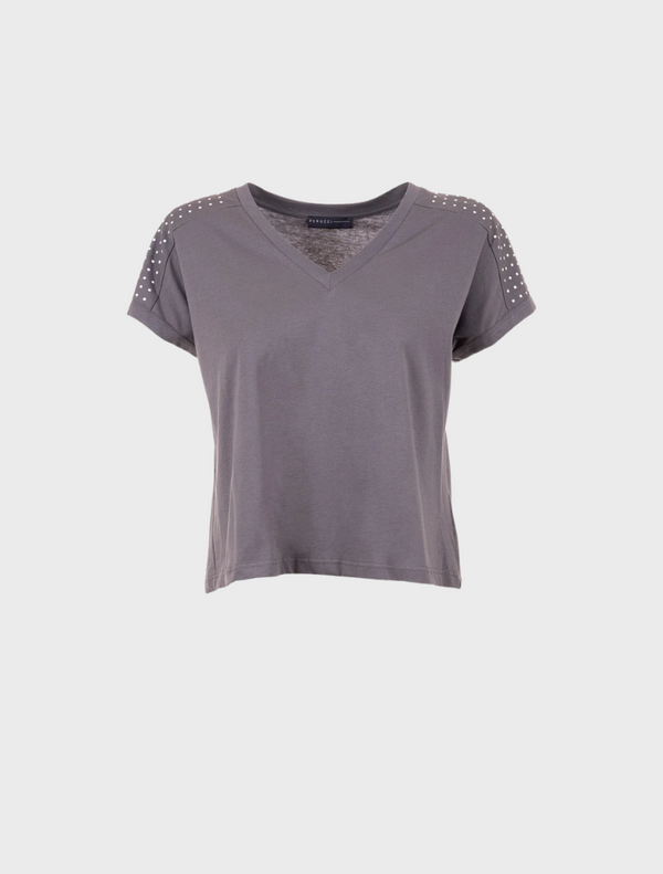 Women's grey top featuring stylish studded sleeves, perfect for adding a touch of elegance to any outfit.