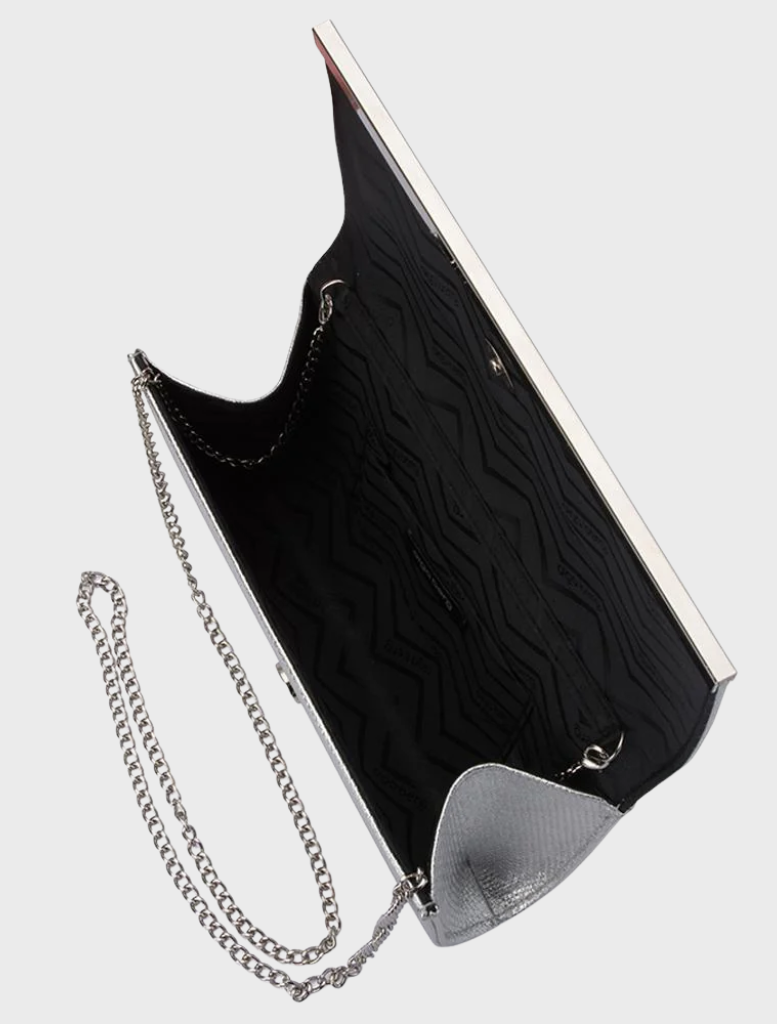 Maddie Metallic Embossed wallet in silver, showcasing a foldover style and a secure metal clasp.