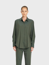Microprene Saville Shirt in Bayleaf, featuring a crisp collar, pocket detailing, and a long line silhouette for versatile wear.