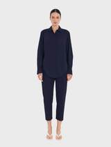 French Navy Microprene Saville shirt, showcasing a contemporary cut and fabric for a polished appearance.