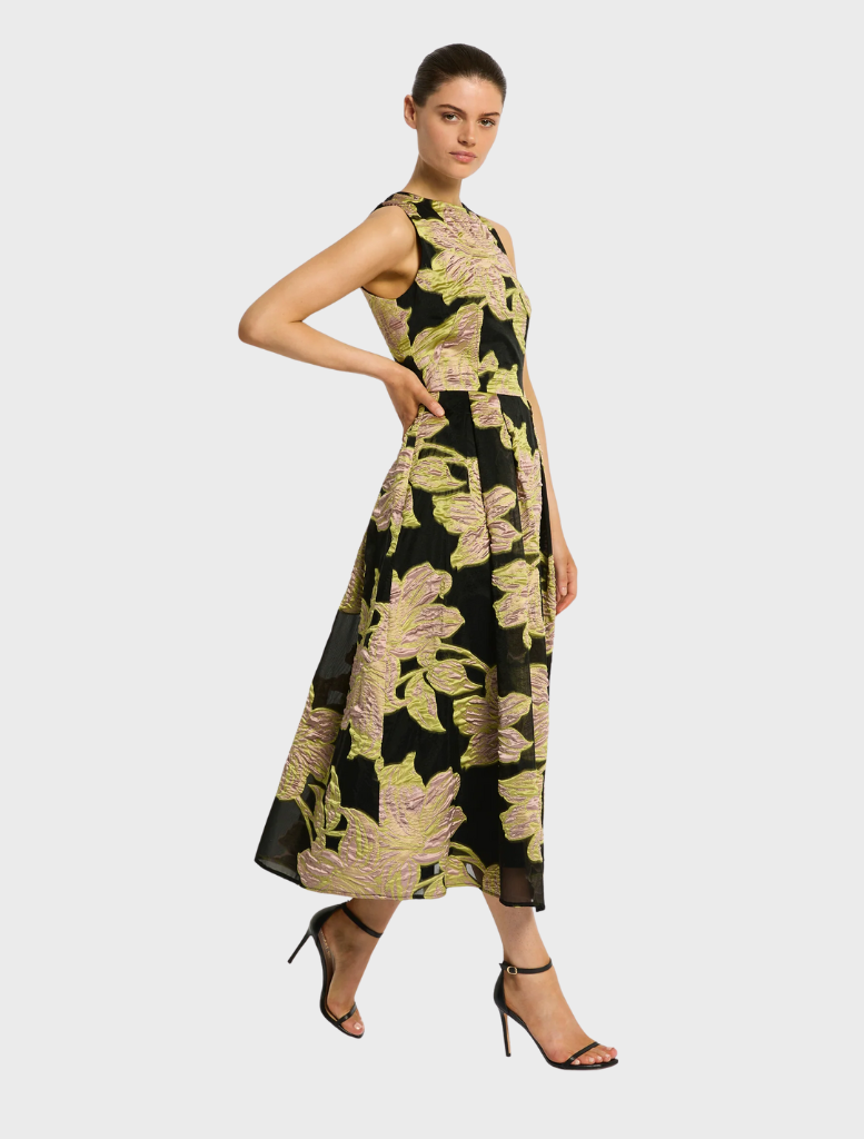 Stylish black and pink floral print Florence Midi Dress, an excellent choice for a night out.