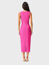 Fuchsia Seraphina Midi Dress displayed on a mannequin, featuring a fitted bodice and flowing skirt.