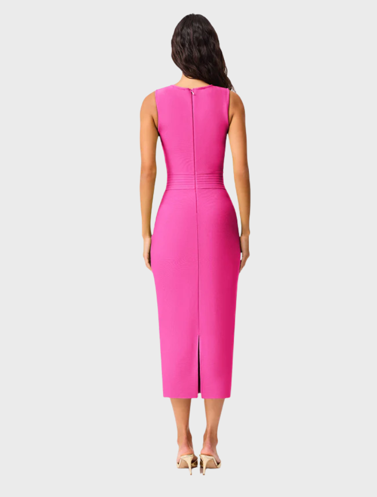 Fuchsia Seraphina Midi Dress displayed on a mannequin, featuring a fitted bodice and flowing skirt.