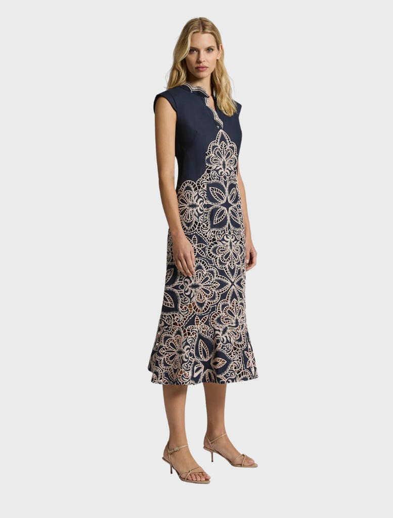 Sierra Midi dress in navy and blush colors, featuring a chic design that combines comfort and style for any event.