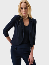 Midnight blue classic blazer with a tailored silhouette, notched lapels, and two front pockets for a sophisticated look.