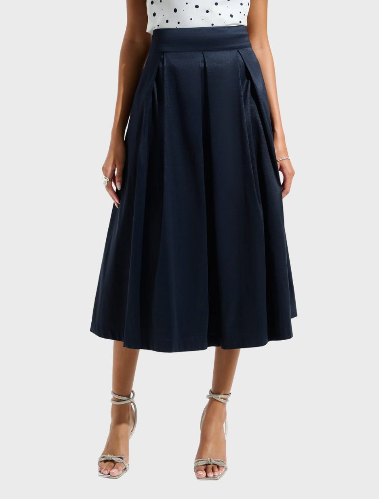 Elegant midnight blue skirt featuring a smooth fabric and versatile style for various events.