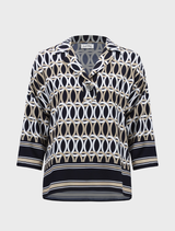 Midnight blue top with vibrant multi-colored details, perfect for adding a pop of color to any outfit.