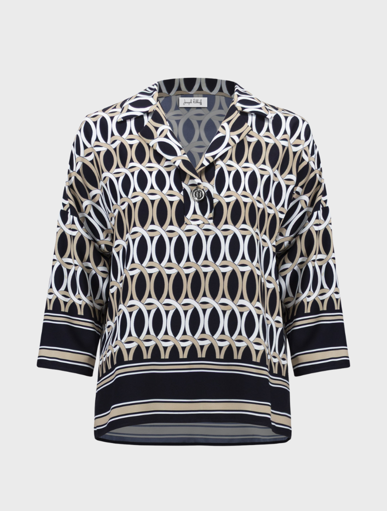 Midnight blue top with vibrant multi-colored details, perfect for adding a pop of color to any outfit.